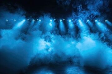 Enigmatic performance space highlighted by blue lights and fog on a black background