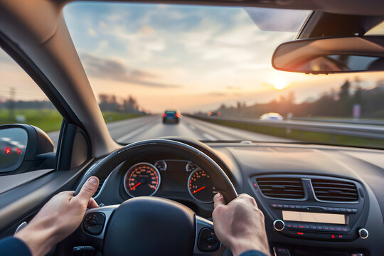 Man hands of car driver on steering wheel for road trip on highway road.