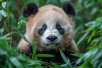 Panda in bamboo thickets in nature - obrazy, fototapety, plakaty