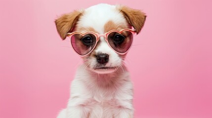 Cute puppy wearing heart shaped sunglasses against pastel pink background.