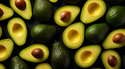 Fresh avocados cut in half with pits visible arranged closely on a dark background.