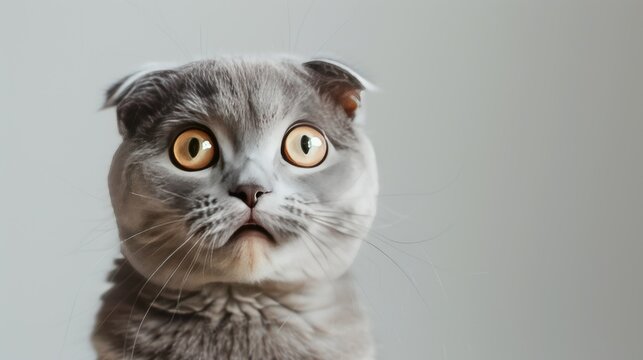 Gray cat facial expression shocked, amazed, stunned, glaring funny on plain gray background and copy space