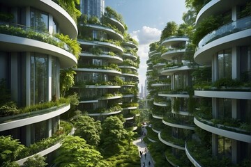 Lush green park of the future, eco-friendly city, beautiful futuristic city - obrazy, fototapety, plakaty