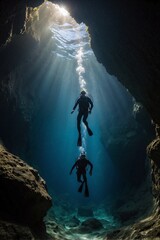 Silhouette of a diver in an underwater cave in the ocean with lighting
