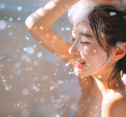 Fashion commercial advertisement. Playful happy Radiant natural skin asian woman washing her hair soak in bubbles soapsuds soap foam water with bokeh background. shampoo skincare ad. copy text space