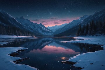 Lake and mountains under the night sky with snowfall and falling stars - obrazy, fototapety, plakaty
