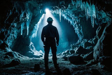 Miner in a cave among stalagmites and stalactites