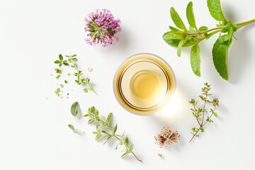 Fototapeta na wymiar top view flat lay isplated teacup filled with herbal tea, surrounded by a variety of herbs and flowers, sitting on a white dishware surface