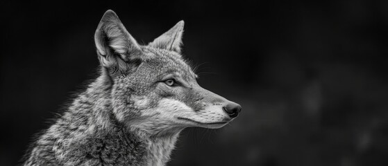  A grayscale image of a wolf turning its head to the right, standing against a dark backdrop