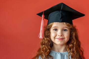 Cute little girl wearing graduation cap isolated o solid color background. Copy space.