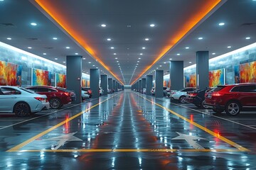 Parking garage interior with vanishing point perspective - obrazy, fototapety, plakaty