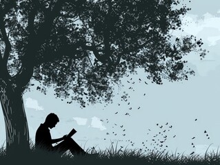 Silhouette of a young man reading a book outdoors under a tree