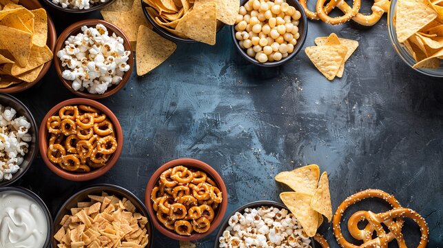 Various unhealthy snacks like chips, popcorn, and pretzels are arranged in bowls from above, leaving room for text. This image depicts the idea of unhealthy eating habits.