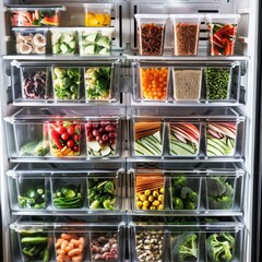 The interior of a refrigerator displays a meticulous arrangement of fruits, vegetables, and grains in clear containers.
