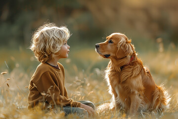 Boy with dog sitting in sunlit field