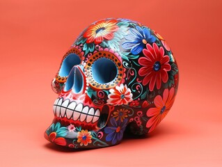 Mexican Day sugar skull decorated with colorful floral motifs