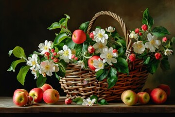 Colorful Apple with flowers in basket. Sweet food. Generate Ai