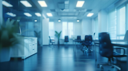 Naklejka na ściany i meble Blurred modern business office interior room for background in business concepts. Corporate business office. Light blue background of modern office interior. Professional backdrop for corporate.
