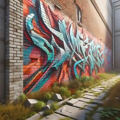 Vivid Graffiti Path: A striking spray of color on a textured brick backdrop, leading the eye down an urban trail.