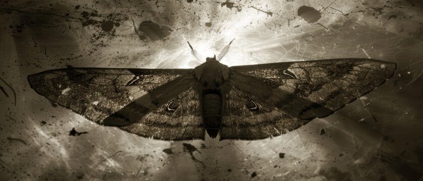  A grayscale image depicts a moth perched on a dark surface, illuminated by light originating behind its translucent wings