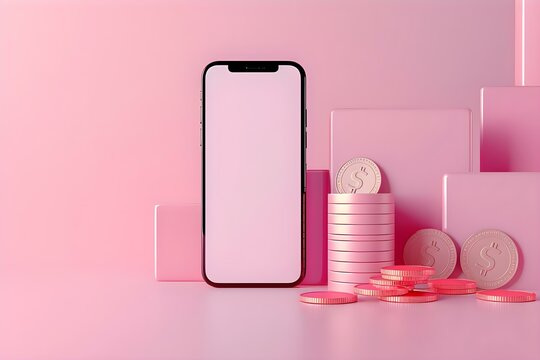 Minimalist 3D rendering of a mobile phone with notification bell coins and bill reminder for online payment. Concept Minimalist Design, 3D Rendering, Mobile Phone, Notification Bell, Online Payment