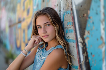 Naklejka premium A girl in a relaxed pose, leaning against a graffiti-covered wall.
