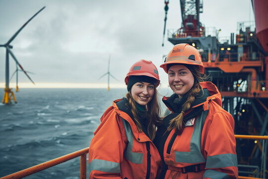 Two workers in safety gear at an offshore wind farm