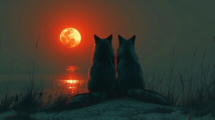  a couple of cats sitting on top of a snow covered ground next to a body of water under a full moon.