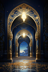 generated illustration of Islamic Mosque interior with arches and view to other Mosque at nigh
