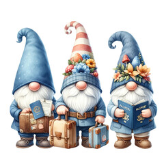 Gnome triple holding different things, gnomes unique 
charming watercolor Clipart Gnome Triple