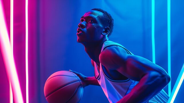 A Black male basketball player trains in a gym with neon lights and a blue background. This image captures the athlete's passion for the sport and the health and fitness aspects of it.