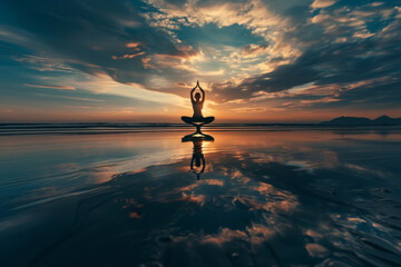 A girl in a yoga pose on a tranquil beach, her silhouette outlined against the setting sun.