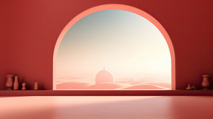 Fototapeta na wymiar generated illustration of Islamic Mosque interior with arches and view to other Mosque at nigh