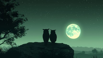  a couple of penguins standing on top of a hill next to a tree and a full moon in the sky.