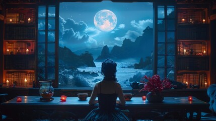  a woman sitting at a table in front of a window with a view of the ocean and a full moon. - obrazy, fototapety, plakaty