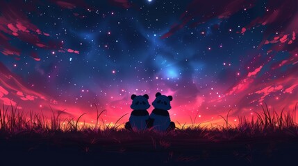  a couple of bears sitting on top of a lush green field under a purple and blue sky filled with stars. - obrazy, fototapety, plakaty