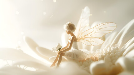 A tranquil fairy with delicate wings sits thoughtfully on a blooming white lily, in a serene and dreamlike fantasy setting. - obrazy, fototapety, plakaty