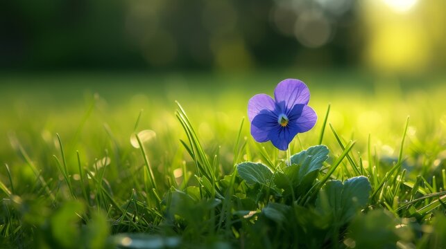 Beautiful blue pansy flower in the grass with bokeh background