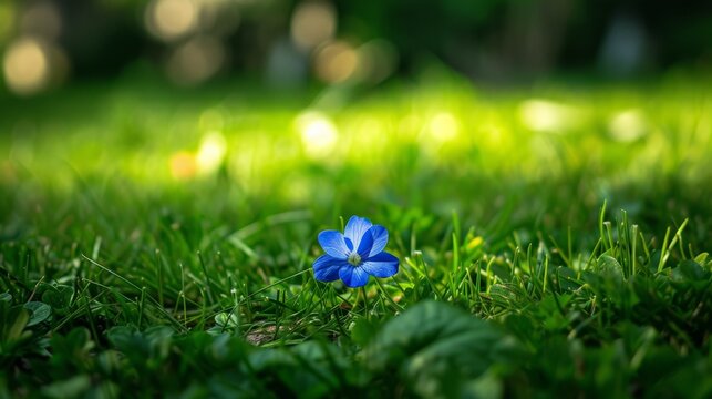 Blue flower on green grass with bokeh background and copy space