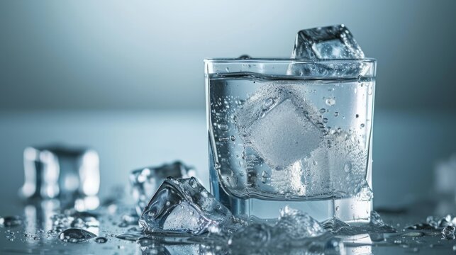 Ice cubes in a glass of water with ice cubes on blue background