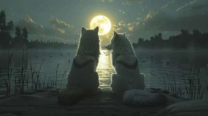 Keuken foto achterwand  a couple of dogs sitting on top of a pier next to a body of water under a moon filled sky. © Shanti