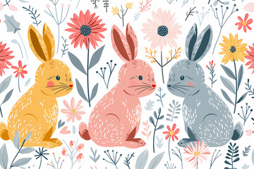 3 bunnies against a floral pattern background simple style. 