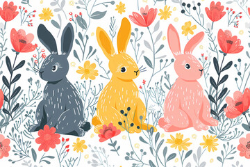 Bunnies amid flowers simple flat colour  illustration