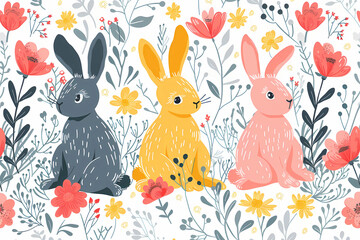 Obraz premium Bunnies amid flowers simple flat colour illustration