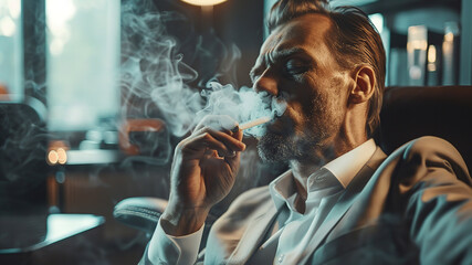 elegant man smocking cigarette in the office, man in the smoke, elegant man in the office, smoker in office - obrazy, fototapety, plakaty