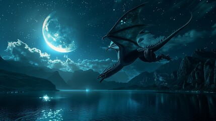 A majestic dragon soaring through a moonlit sky, its scales glistening in the soft moonlight as it dives gracefully towards a shimmering lake below.

