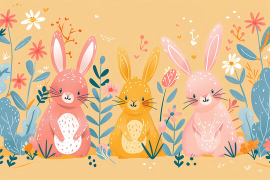 Bunnies on a yellow background simple illustration pink and yellow. Floral surround