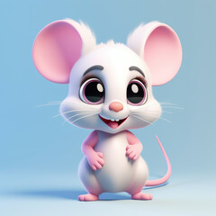 A cute cartoon mouse with pink ears and a pink nose is smiling. The mouse is standing on a blue background