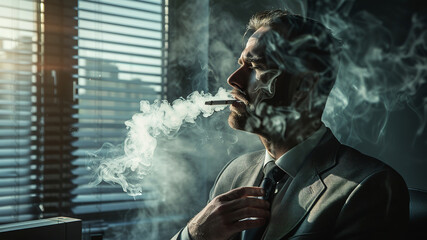 elegant man smocking cigarette in the office, man in the smoke, elegant man in the office, smoker in office