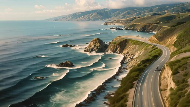 Highway along the California Coast with Ocean and Spring